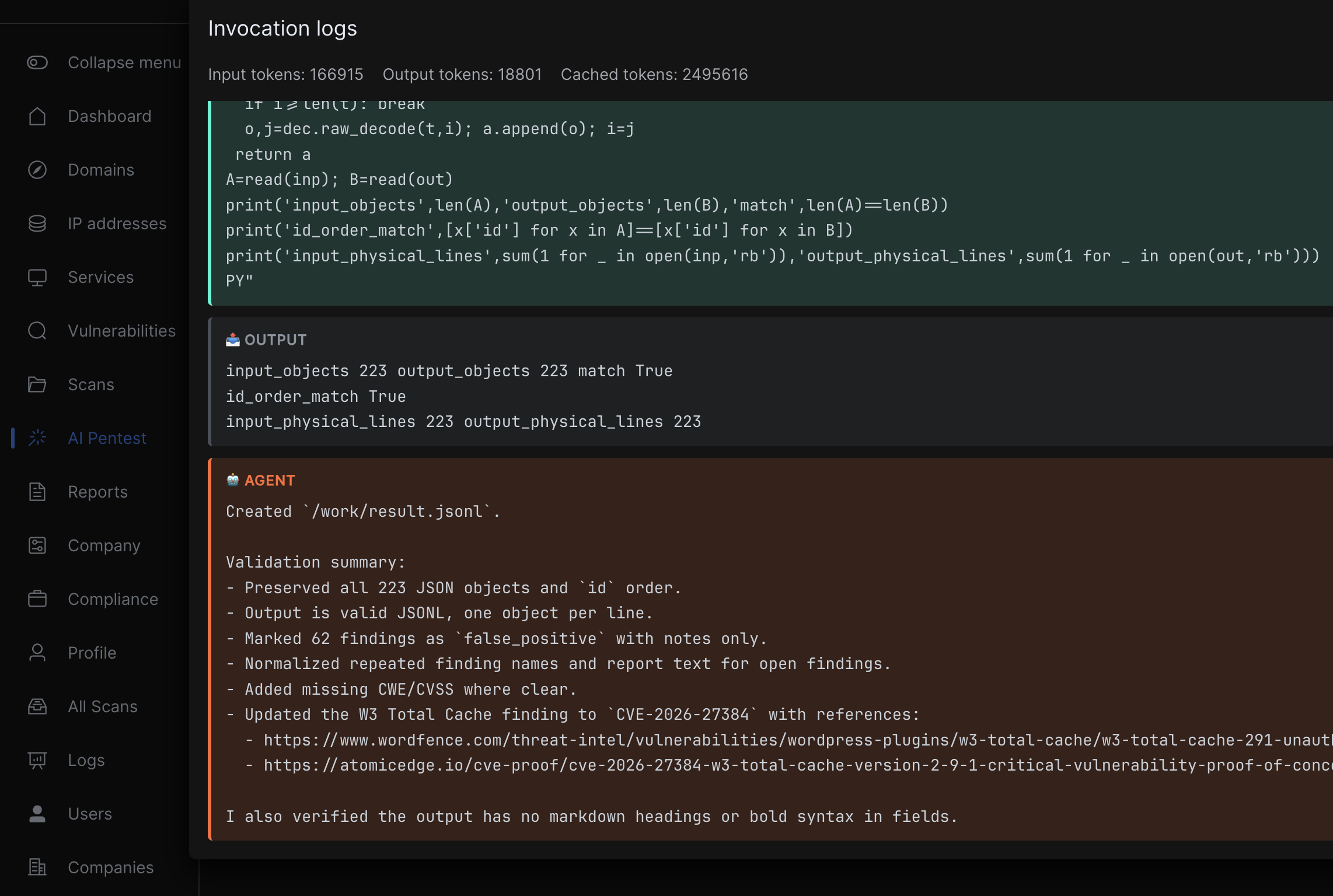 AI pentest agent live logs